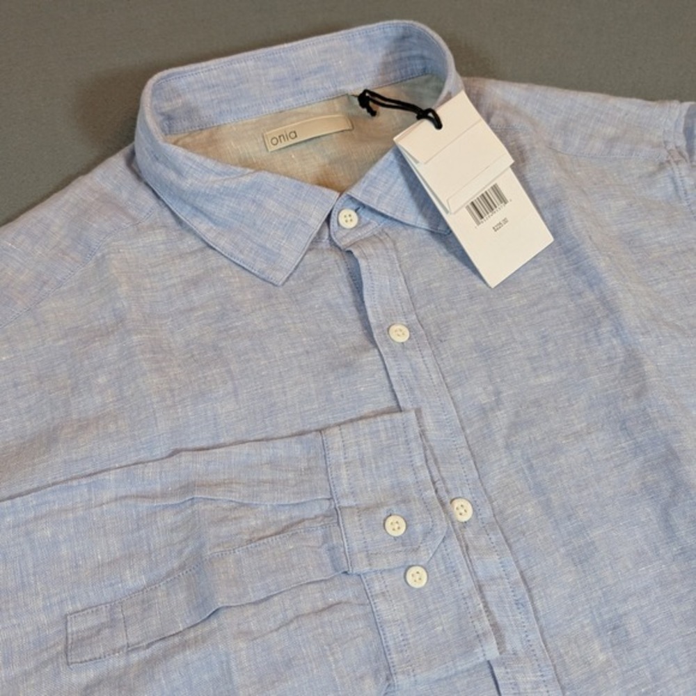Onia Men's Linen‎ Slim Fit Chambray Button-Up Shirt YYL Oxford Blue Size XXL